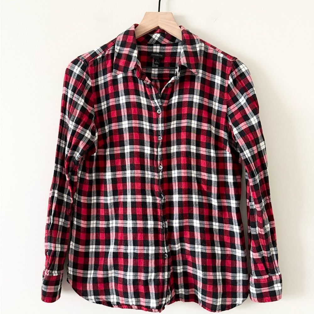 Talbots Flannel Button Down in Red and Black Shimmer Plaid Size S